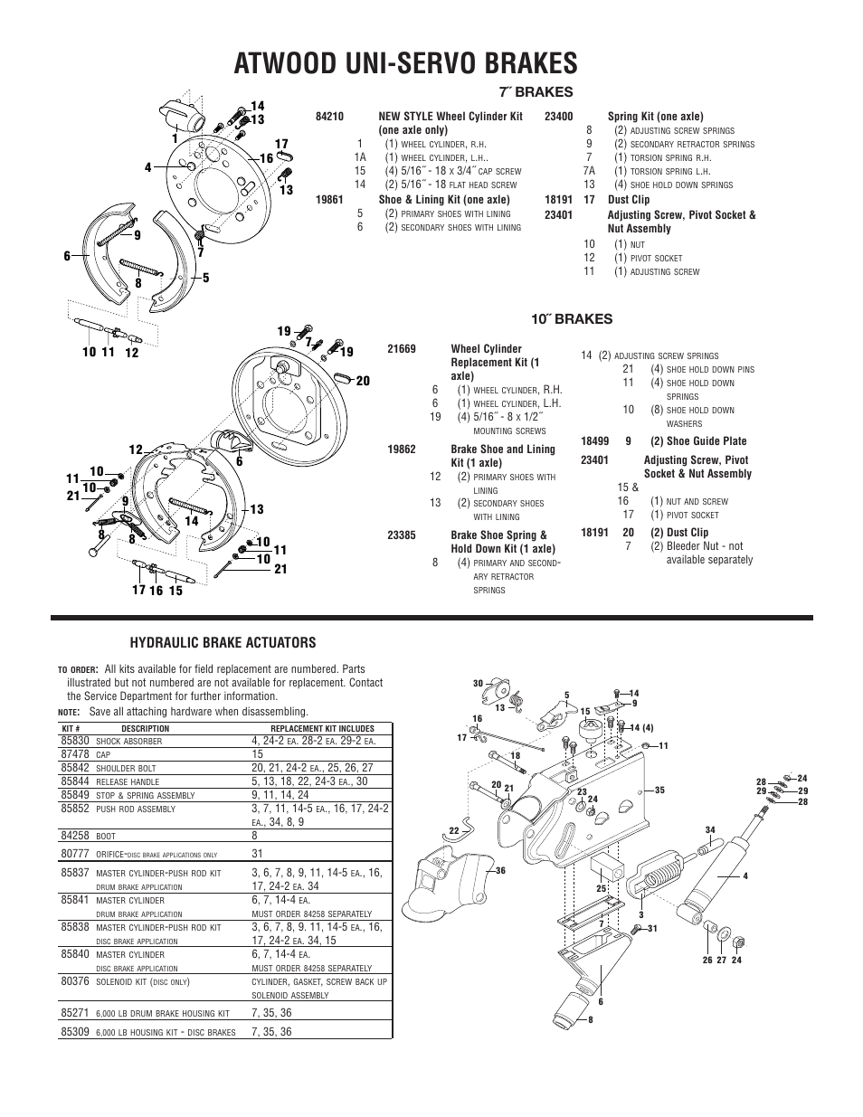 Atwood uni-servo brakes, 7˝ brakes 10˝ brakes, Hydraulic brake actuators | atwood Hydraulic Brake Surges User Manual | Page 7 / 7
