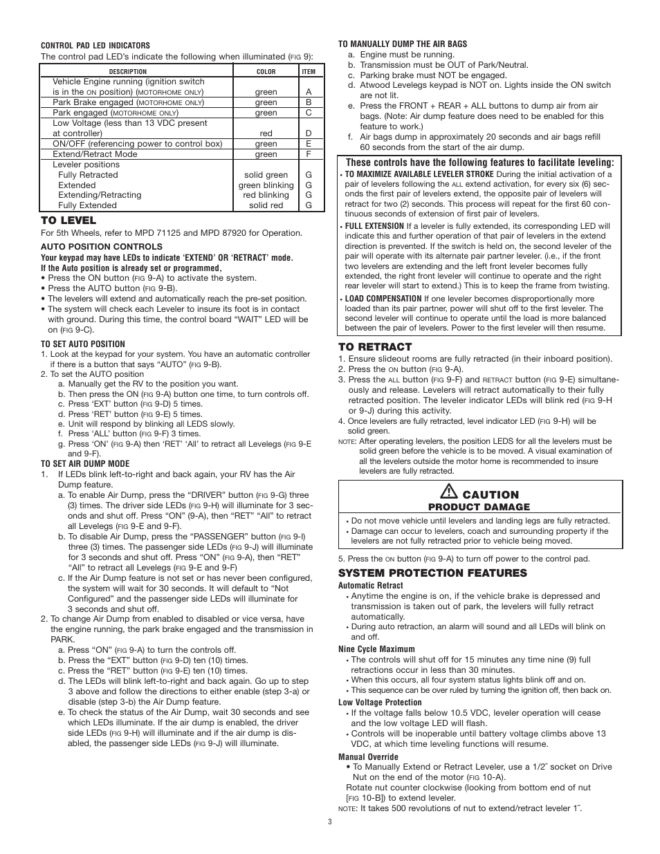 Caution, System protection features | atwood Levelegs System User Manual | Page 3 / 7