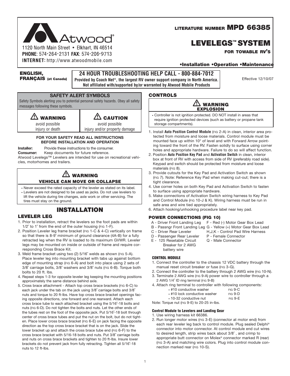 atwood Levelegs System (towable RV's) User Manual | 6 pages