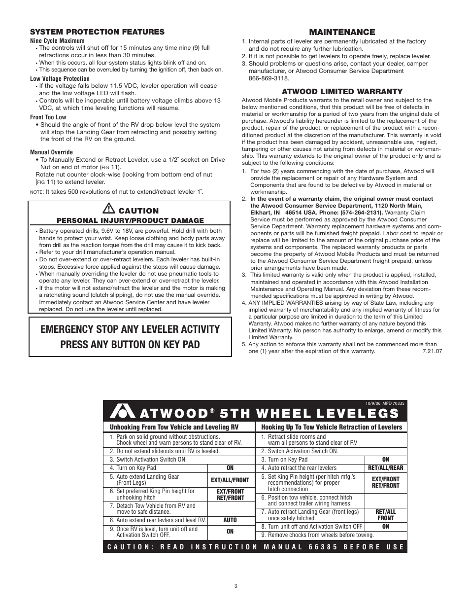 Maintenance | atwood Levelegs System (towable RV's) User Manual | Page 3 / 6