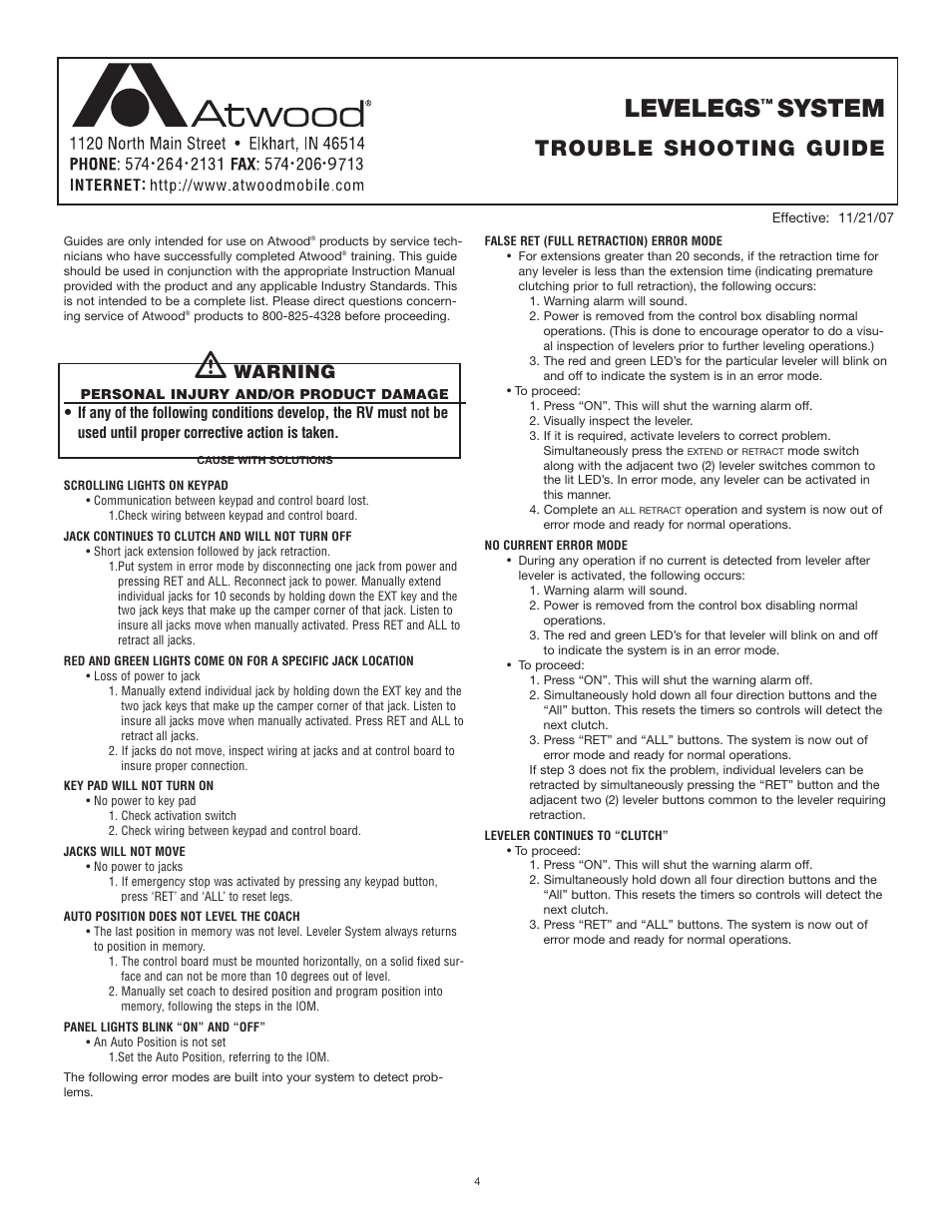 Levelegs, System, Trouble shooting guide | Warning | atwood Levelegs System (towable RV's) User Manual | Page 4 / 6