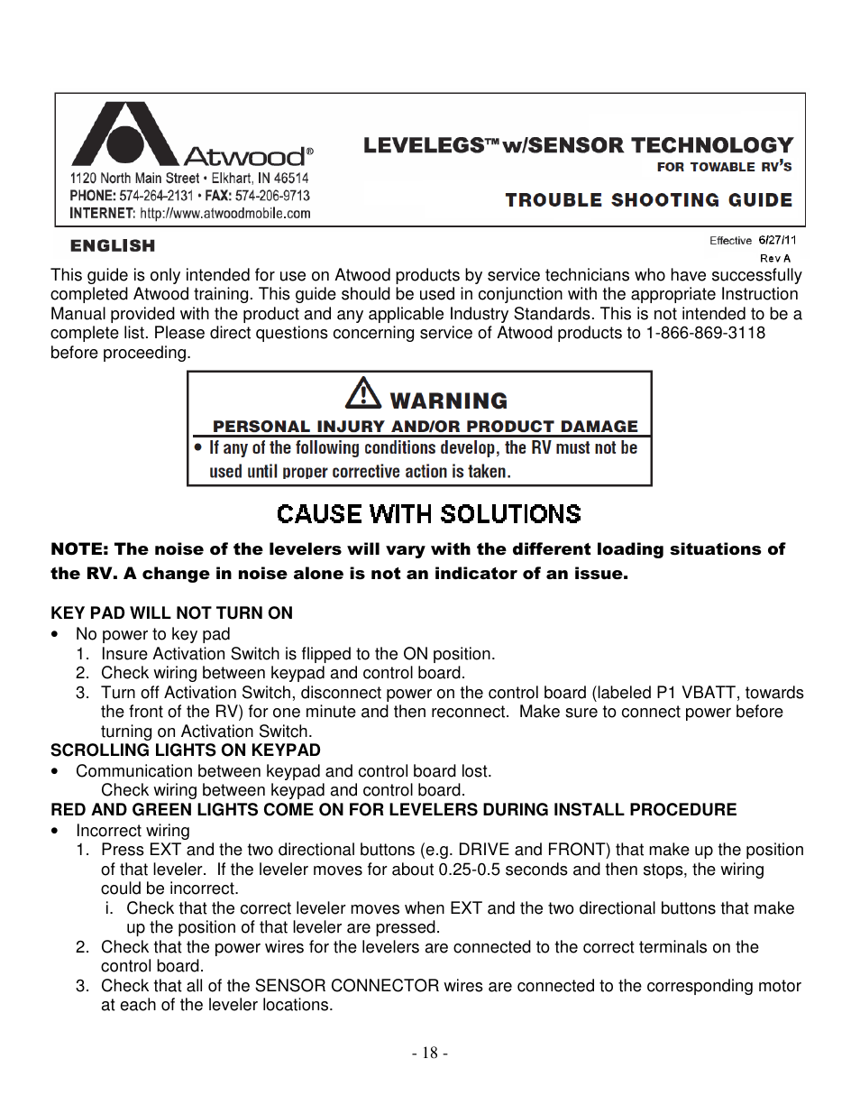 atwood Levelegs 5th Wheel Leveling IOM User Manual | Page 18 / 22