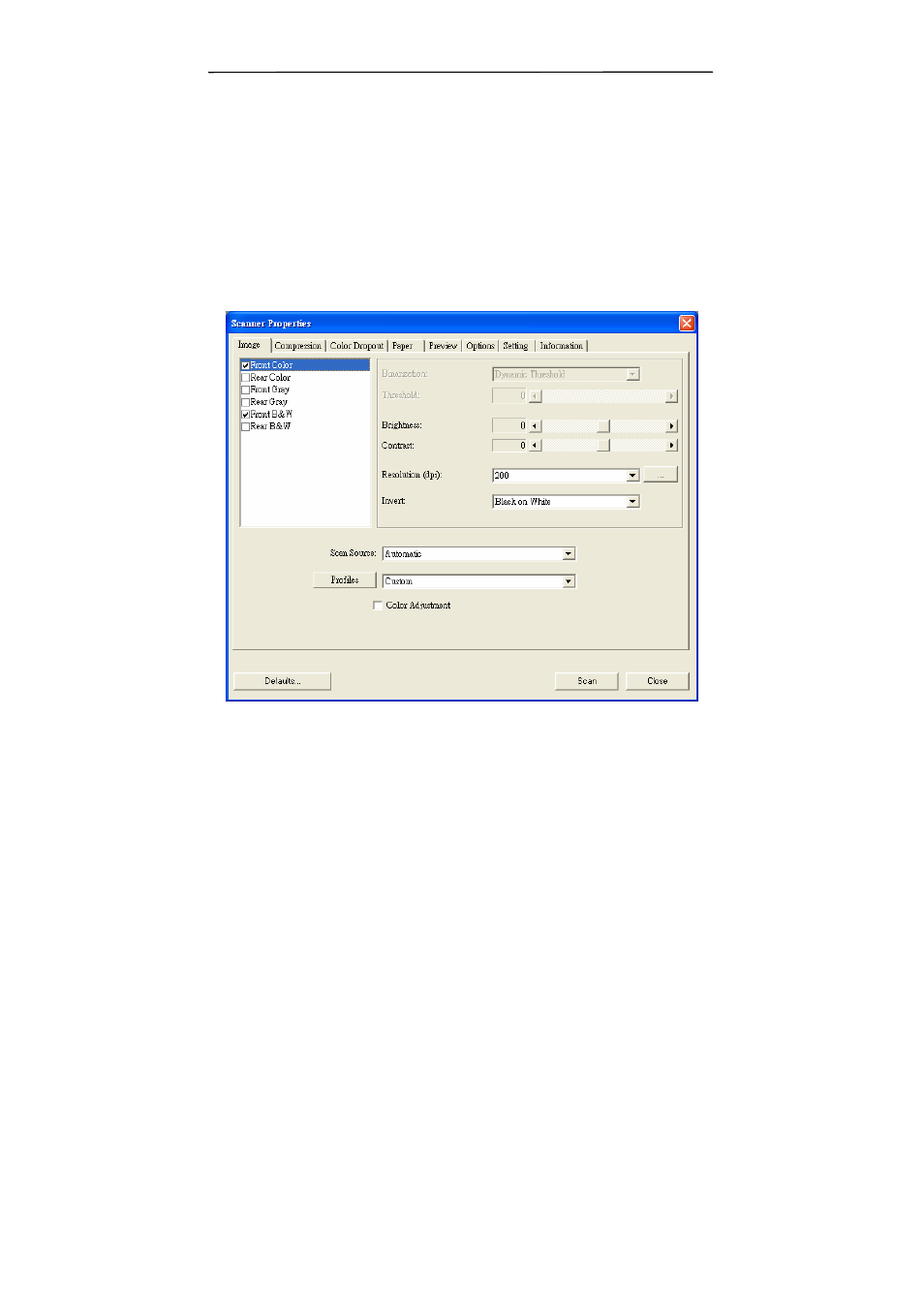 Using the scanner properties dialog box | Avision AV3200SU (300500001/300500002) User Manual | Page 28 / 88