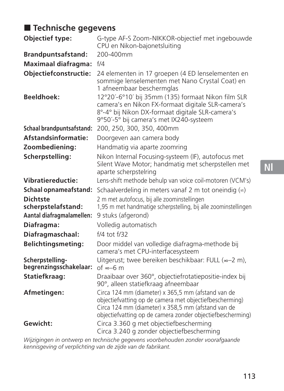 Jp en de fr es se ru nl it ck ch kr | Nikon 200-400mm f 4G ED AF-S VR II Zoom-Nikkor User Manual | Page 113 / 212