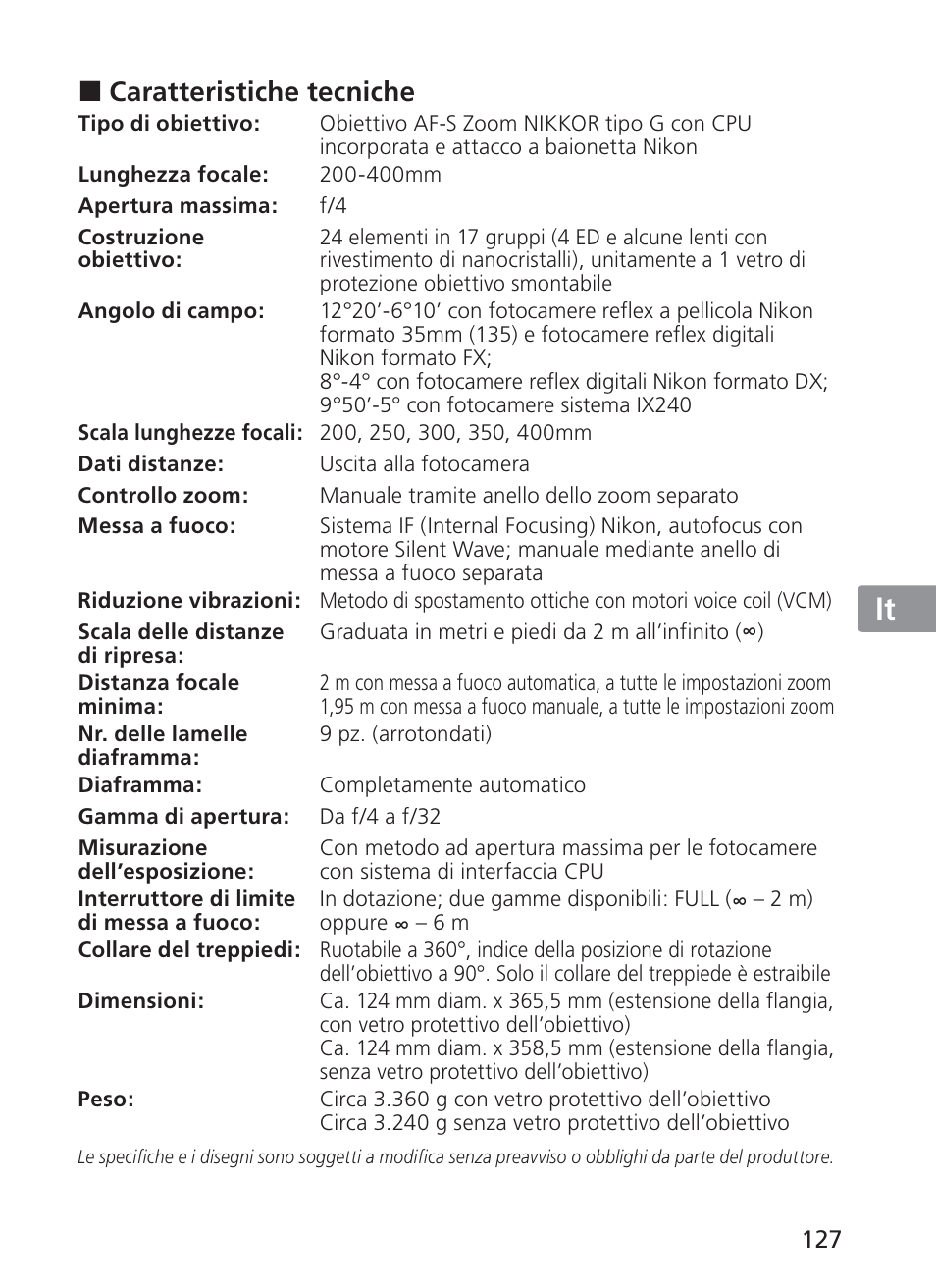 Jp en de fr es se ru nl it ck ch kr, Caratteristiche tecniche | Nikon 200-400mm f 4G ED AF-S VR II Zoom-Nikkor User Manual | Page 127 / 212