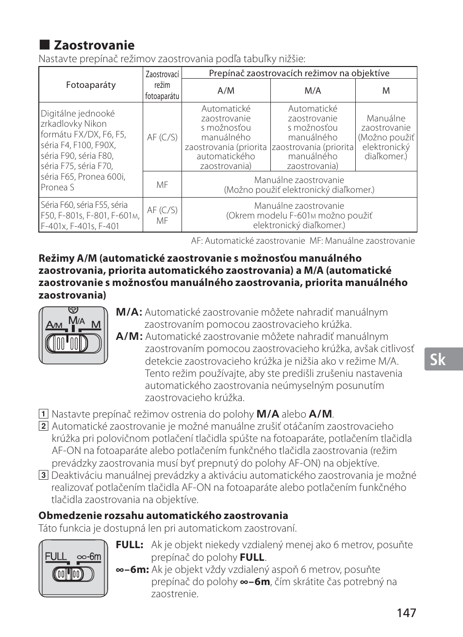 Jp en de fr es se ru nl it sk sk kr, Zaostrovanie | Nikon 200-400mm f 4G ED AF-S VR II Zoom-Nikkor User Manual | Page 147 / 212