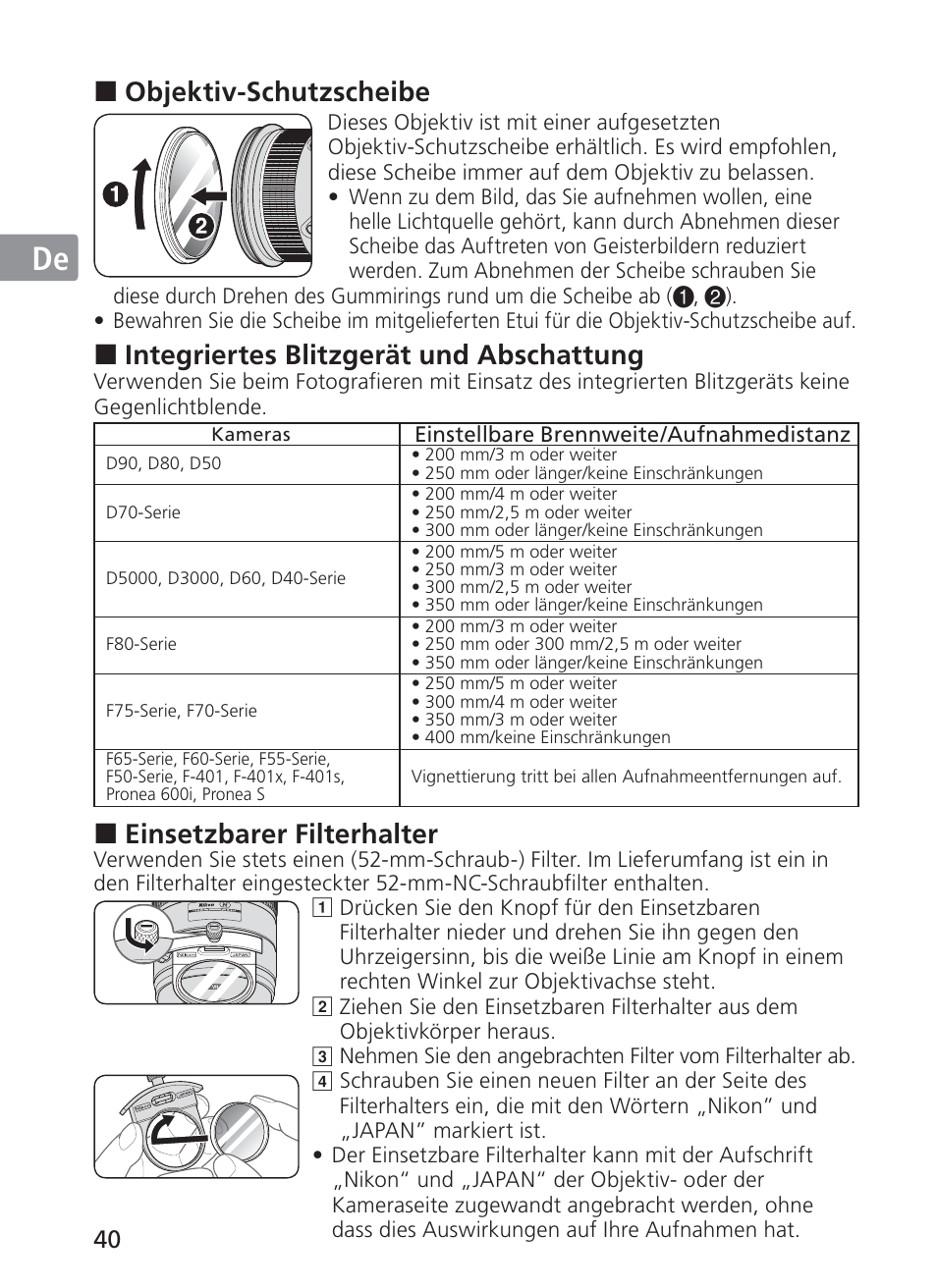 Jp en de fr es se ru nl it ck ch kr, Objektiv-schutzscheibe, Integriertes blitzgerät und abschattung | Einsetzbarer filterhalter | Nikon 200-400mm f 4G ED AF-S VR II Zoom-Nikkor User Manual | Page 40 / 212