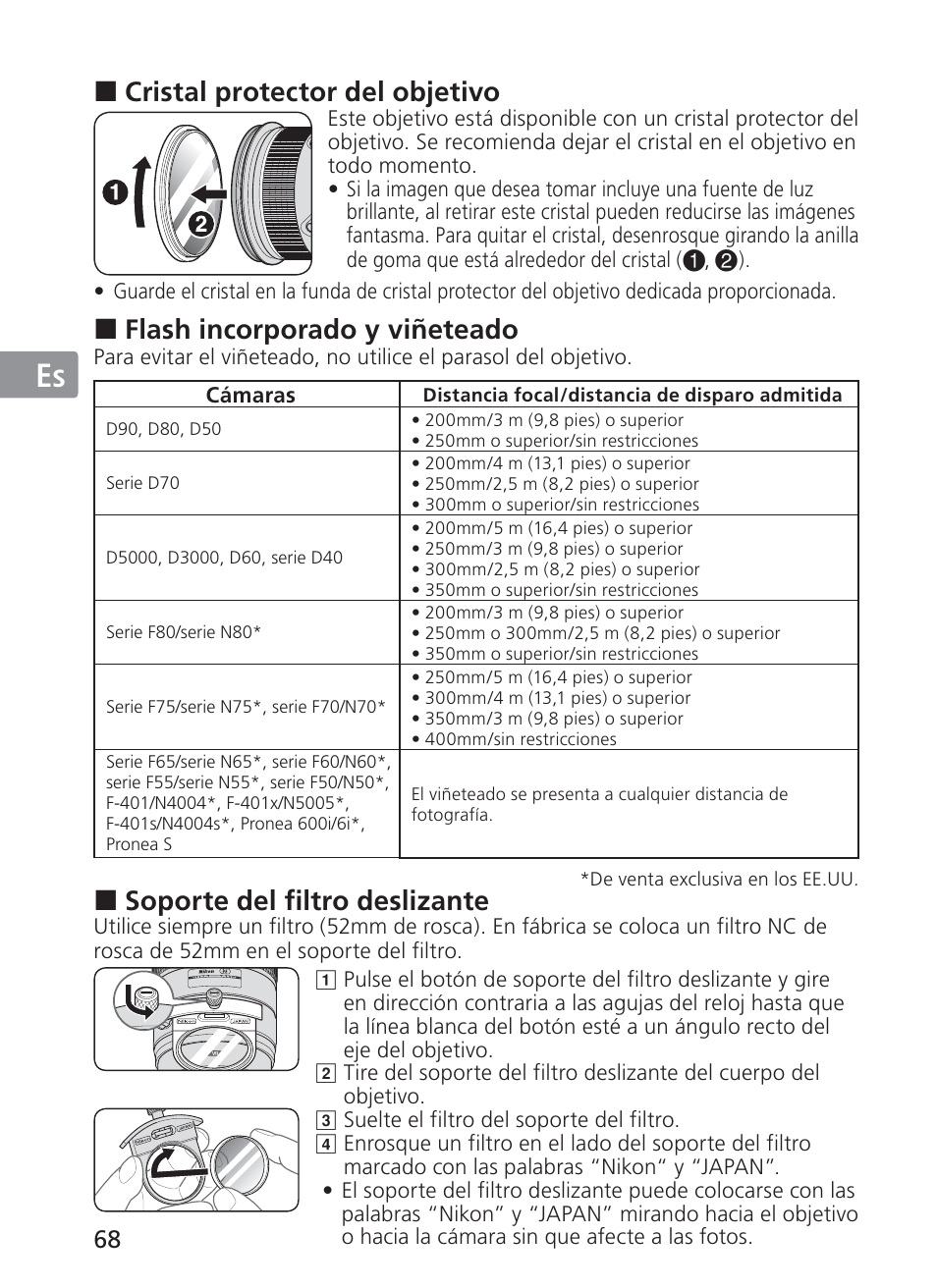 Jp en de fr es se ru nl it ck ch kr, Cristal protector del objetivo, Flash incorporado y viñeteado | Soporte del filtro deslizante | Nikon 200-400mm f 4G ED AF-S VR II Zoom-Nikkor User Manual | Page 68 / 212