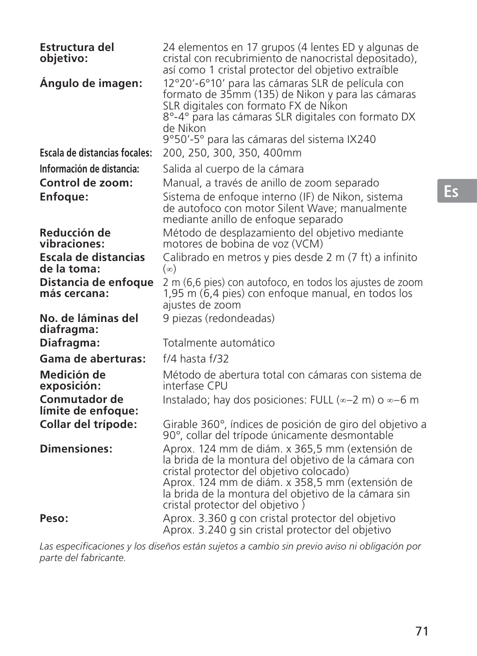 Jp en de fr es se ru nl it ck ch kr | Nikon 200-400mm f 4G ED AF-S VR II Zoom-Nikkor User Manual | Page 71 / 212