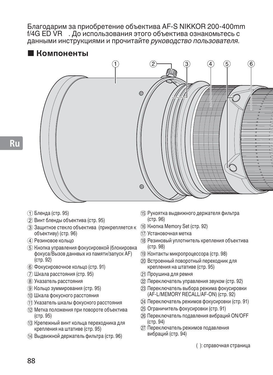 Jp en de fr es se ru nl it ck ch kr, Компоненты | Nikon 200-400mm f 4G ED AF-S VR II Zoom-Nikkor User Manual | Page 88 / 212