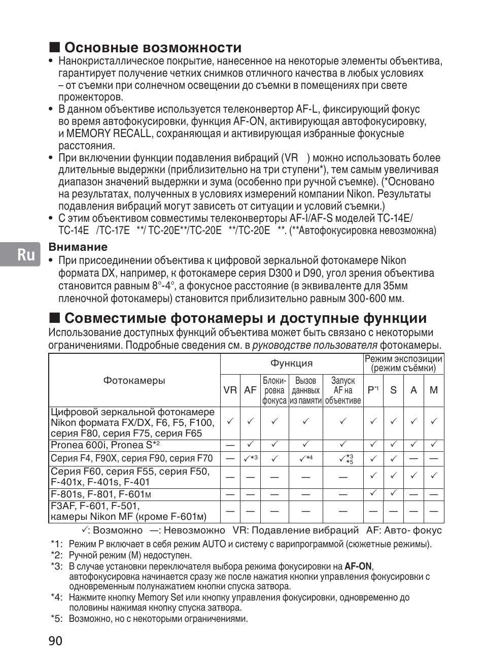 Jp en de fr es se ru nl it ck ch kr, Основные возможности, Совместимые фотокамеры и доступные функции | Nikon 200-400mm f 4G ED AF-S VR II Zoom-Nikkor User Manual | Page 90 / 212