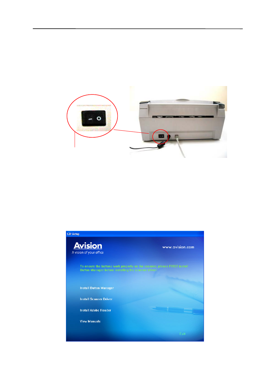 2 turning on the power, 3 installing the scanner driver, 2 turning on the power -6 | 3 installing the scanner driver -6 | Avision AV220C2 (300500003) User Manual | Page 14 / 95