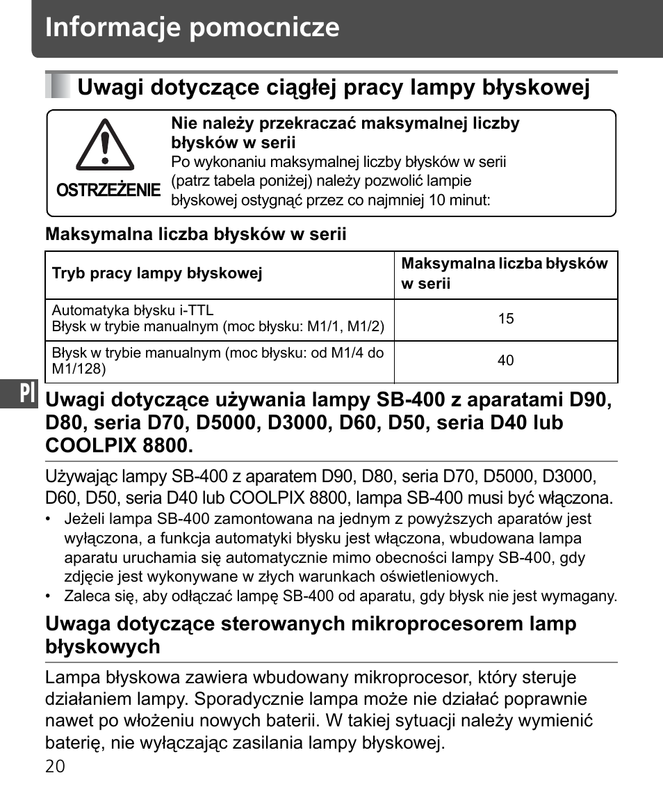 Informacje pomocnicze, Uwagi dotyczące ciągłej pracy lampy błyskowej | Nikon SB-400 User Manual | Page 166 / 220