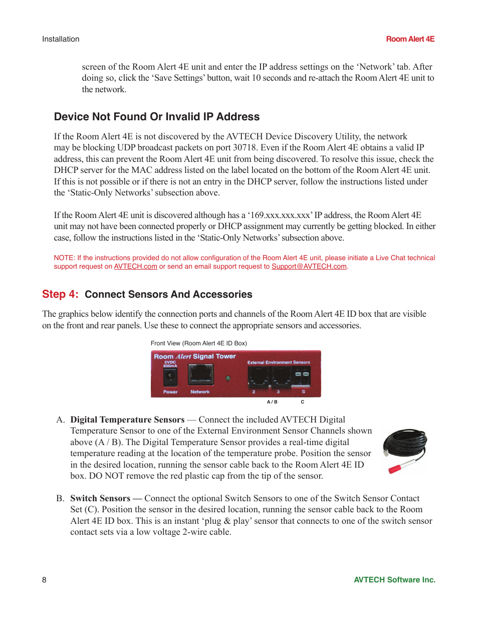Step 4, Device not found or invalid ip address, Connect sensors | And accessories | AVTECH Room Alert 4ER Monitor (RA4E-ES1-RAS) User Manual | Page 12 / 32