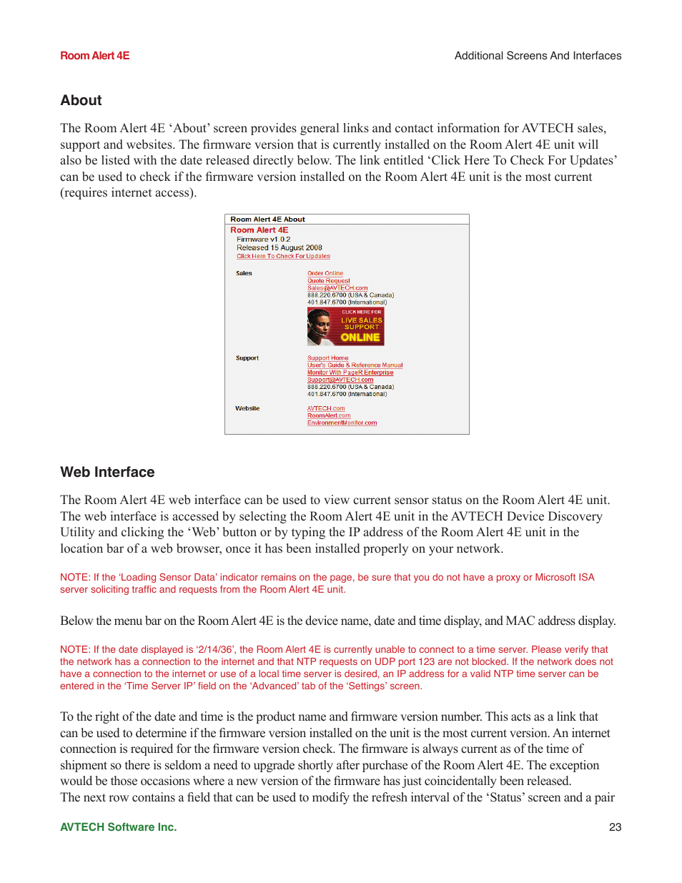 About, Web interface | AVTECH Room Alert 4ER Monitor (RA4E-ES1-RAS) User Manual | Page 27 / 32