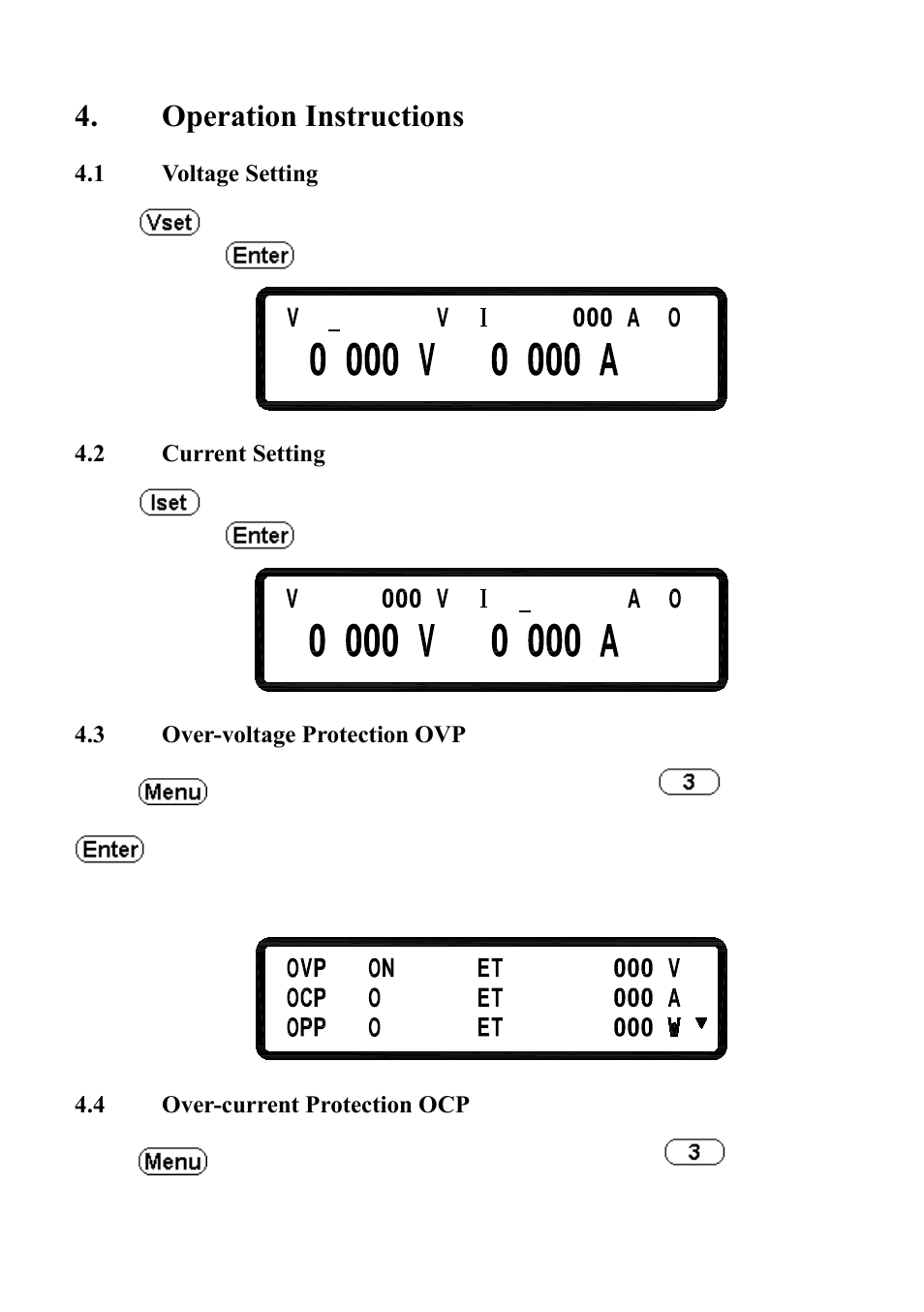 Operation instructions, Voltage setting, Current setting | Over-voltage protection ovp, Over-current protection ocp | B&K Precision XLN60026 - Manual User Manual | Page 41 / 207