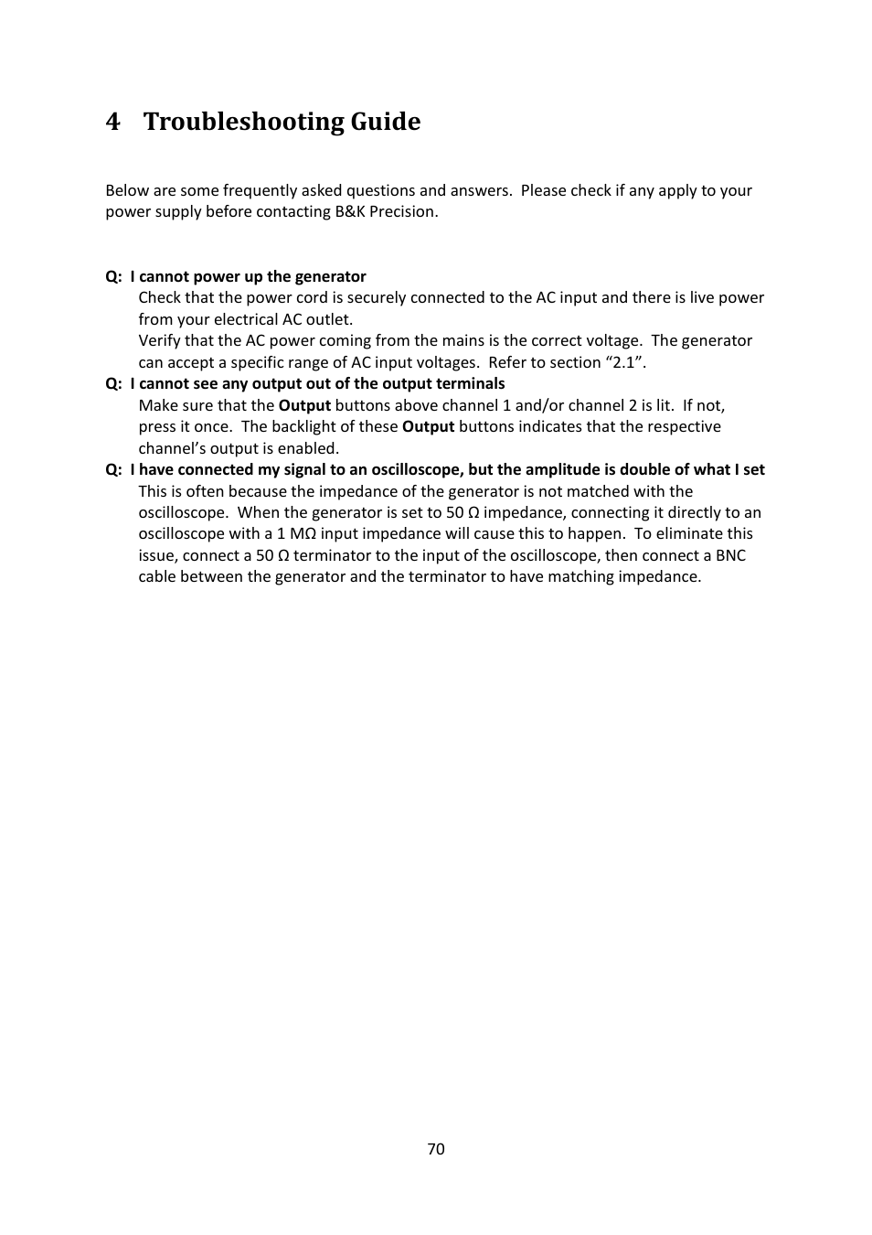 4 troubleshooting guide, Troubleshooting guide | B&K Precision 4052-4055 - Manual User Manual | Page 70 / 78