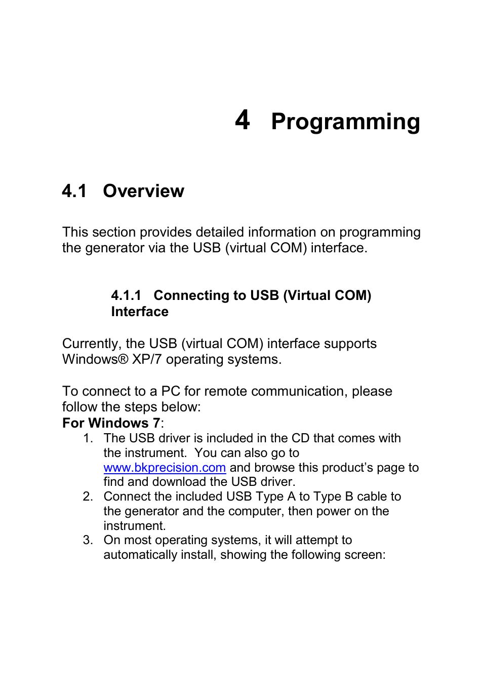 4 programming, 1 overview, 1 connecting to usb (virtual com) interface | Programming, 1 connecting to usb (virtual com), Interface | B&K Precision 4045B - Manual User Manual | Page 60 / 110