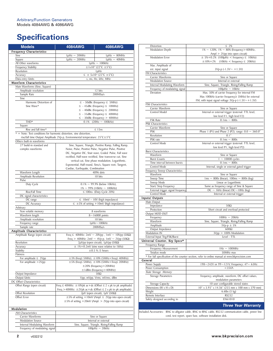 Specifications | B&K Precision 4086AWG - Datasheet User Manual | Page 2 / 2