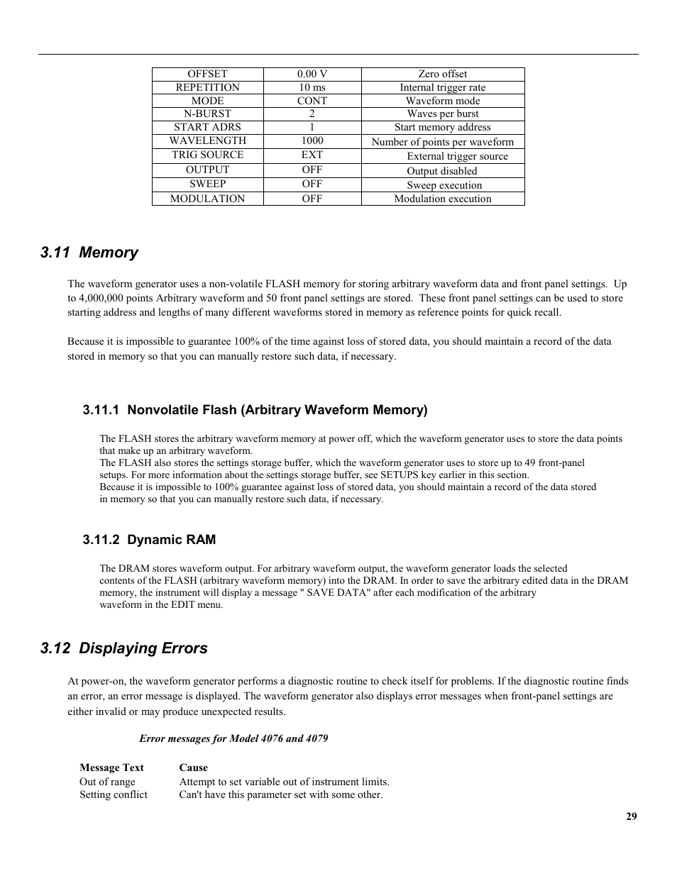 11 memory, 1 nonvolatile flash (arbitrary waveform memory), 2 dynamic ram | 12 displaying errors | B&K Precision 4079 - Manual User Manual | Page 35 / 106