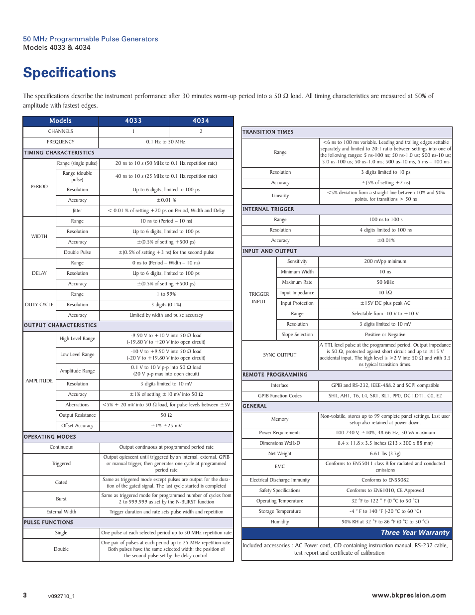 Specifications, Three year warranty | B&K Precision 4034 - Datasheet User Manual | Page 3 / 3