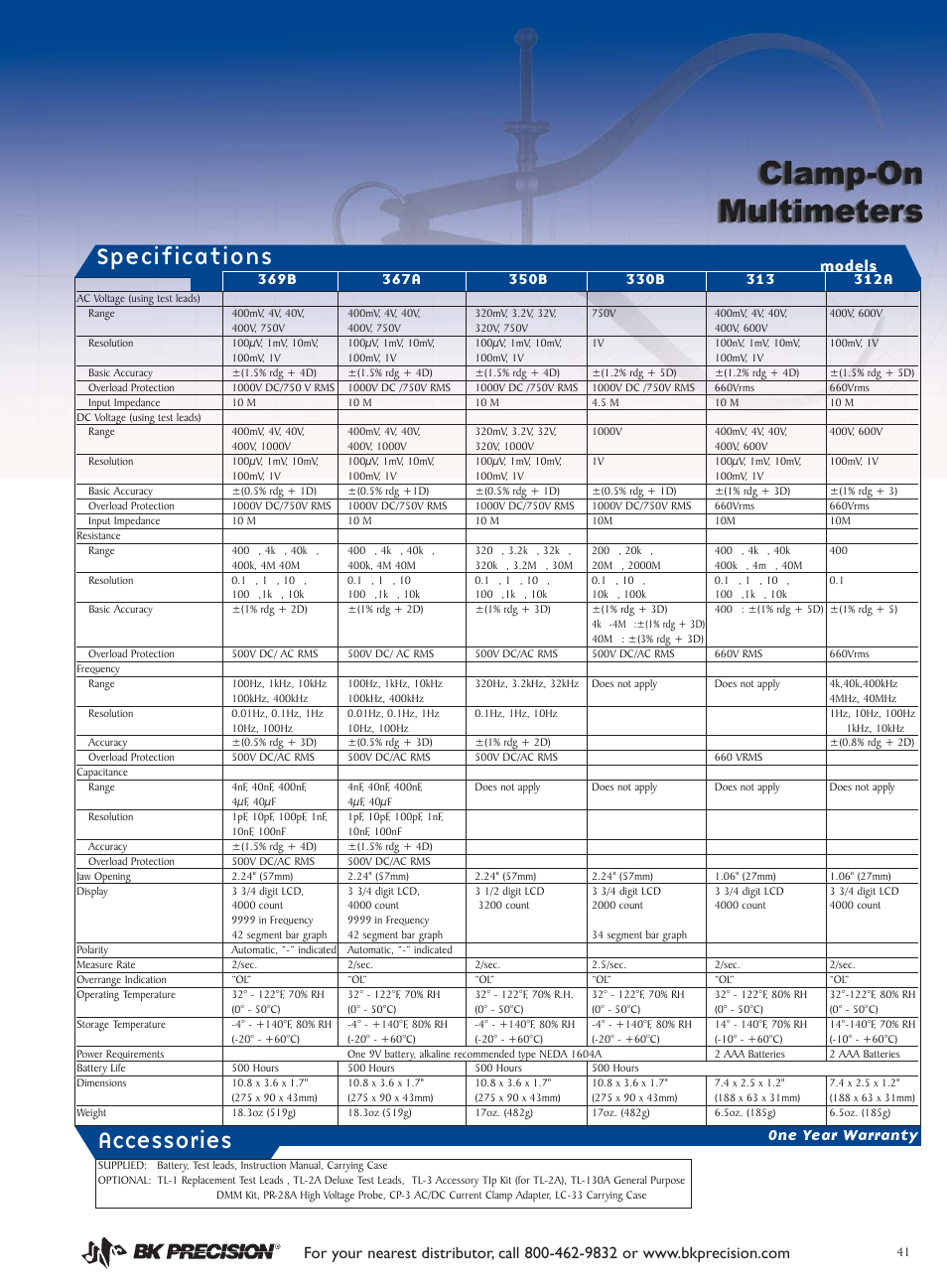 Specifications, Accessories | B&K Precision 312A - Datasheet User Manual | Page 2 / 2