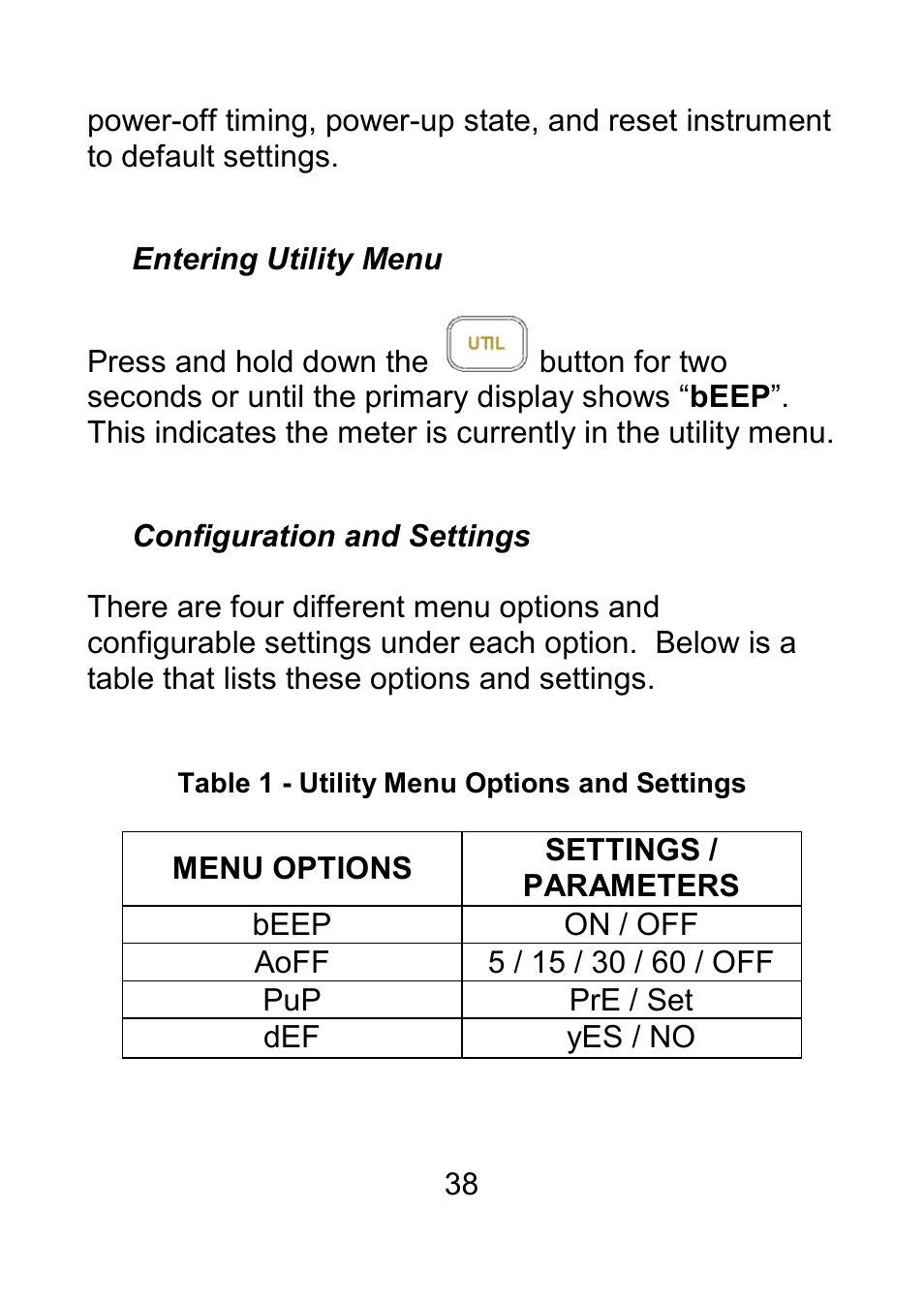 Entering utility menu, Configuration and settings | B&K Precision 879B - Manual User Manual | Page 40 / 104