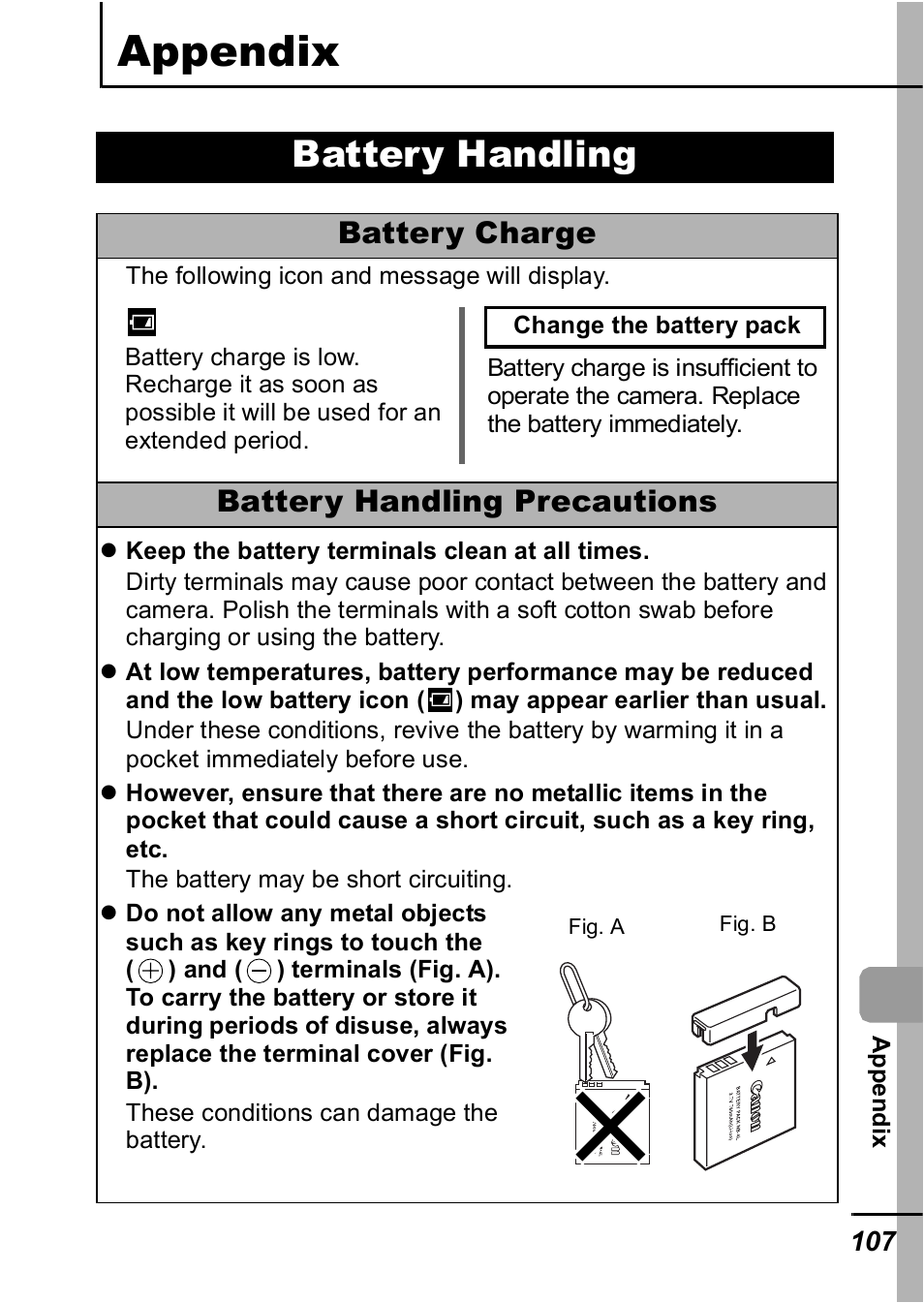 Appendix, Battery handling, P. 107) | Battery charge, Battery handling precautions | Canon IXUS 60 User Manual | Page 109 / 131