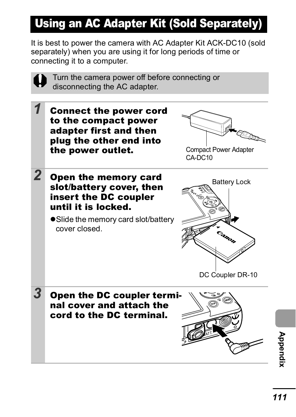 Using an ac adapter kit (sold separately), P. 111) | Canon IXUS 60 User Manual | Page 113 / 131