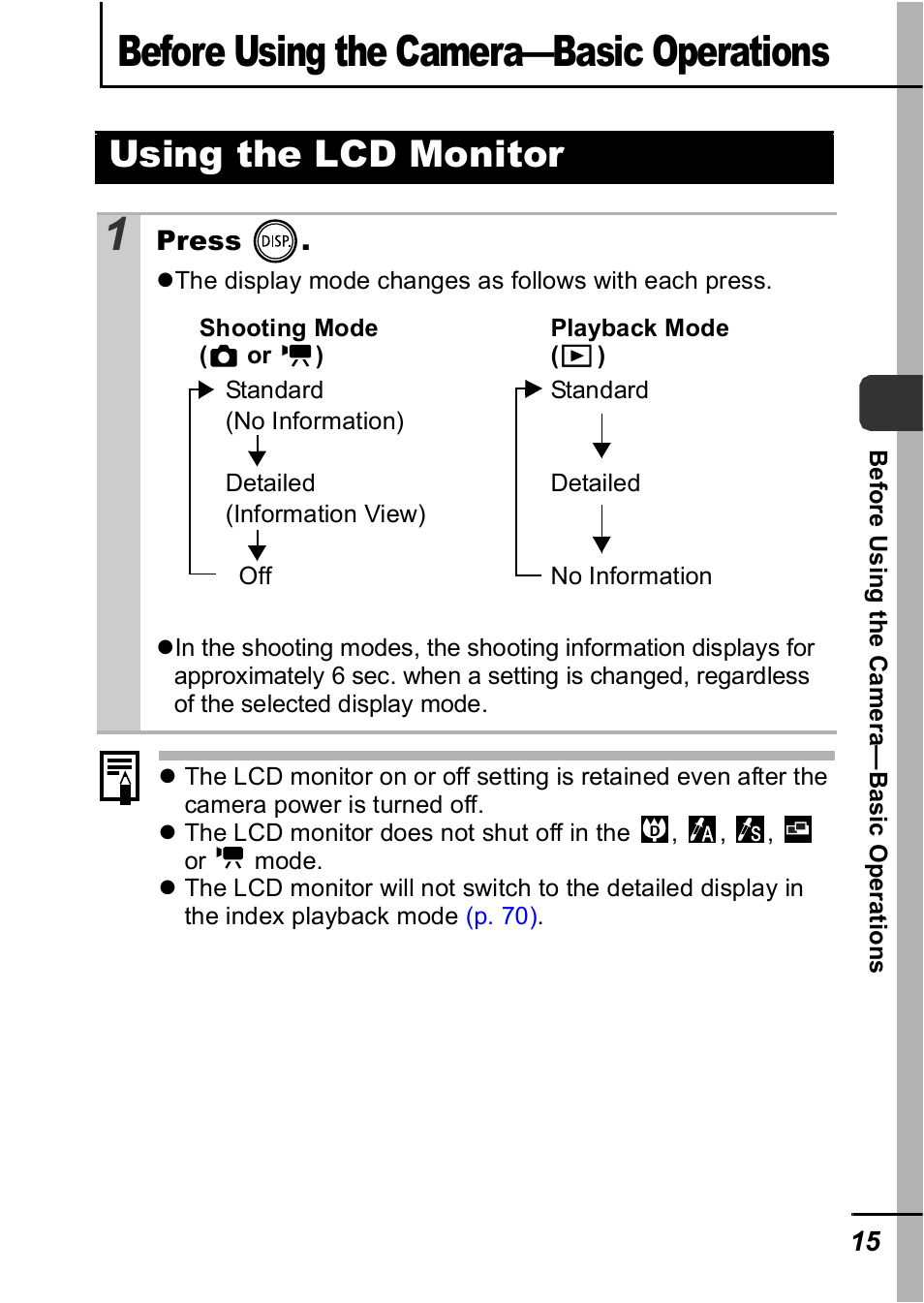 Before using the camera—basic operations, Using the lcd monitor, P. 15) | Canon IXUS 60 User Manual | Page 17 / 131