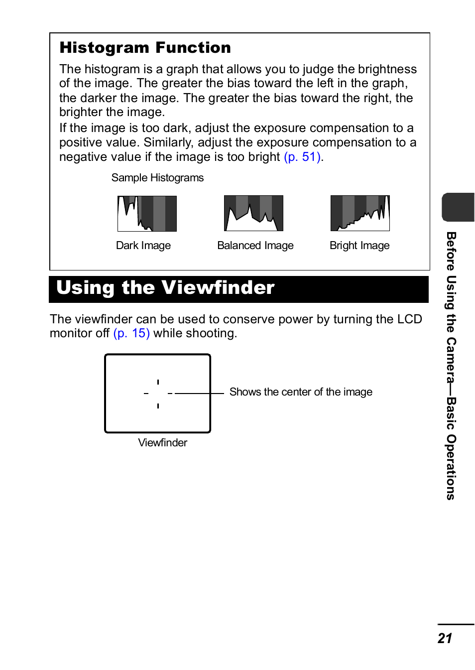 Using the viewfinder, P. 21), Histogram function | Canon IXUS 60 User Manual | Page 23 / 131