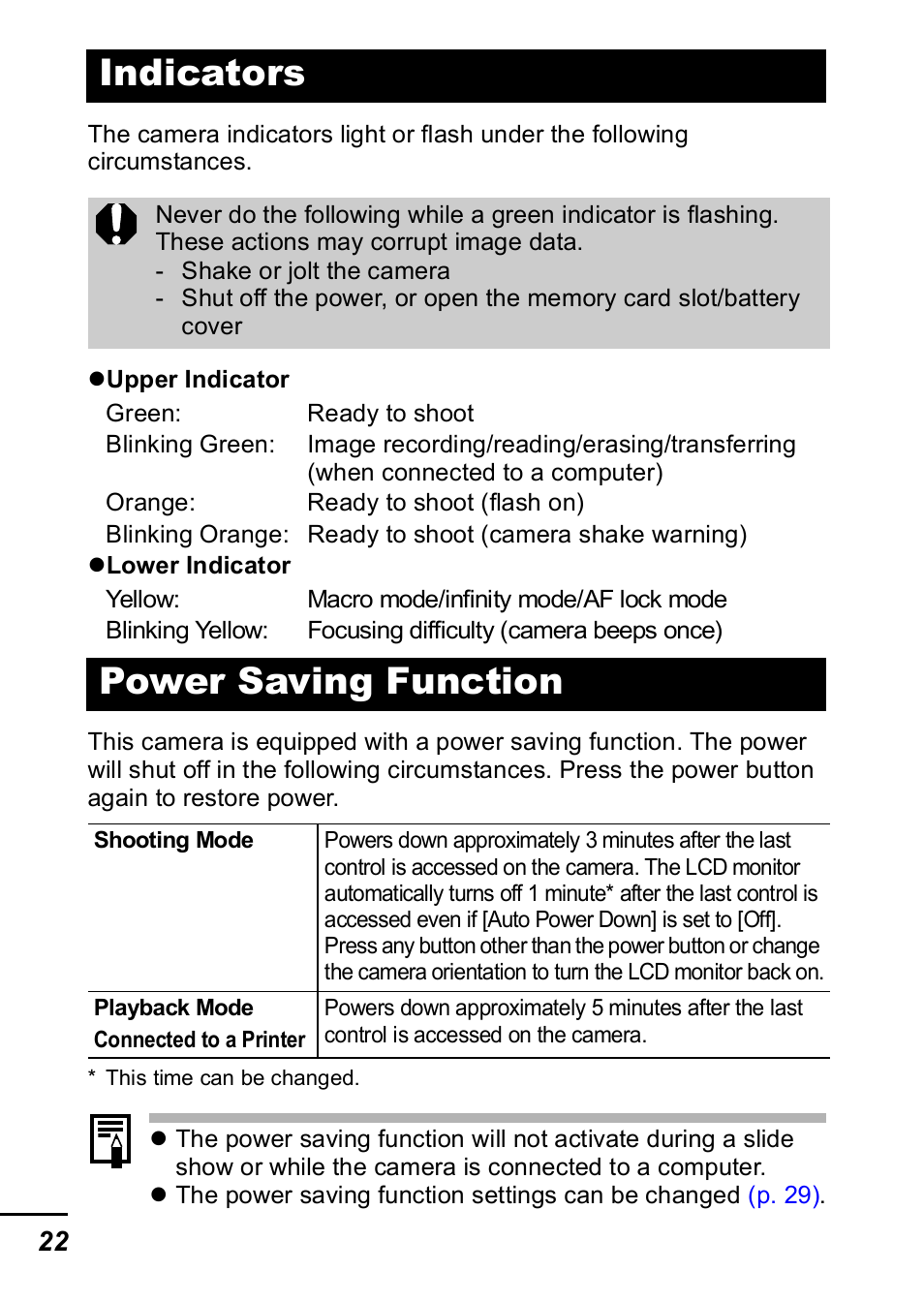 Indicators, Power saving function, Indicators power saving function | P. 22) | Canon IXUS 60 User Manual | Page 24 / 131