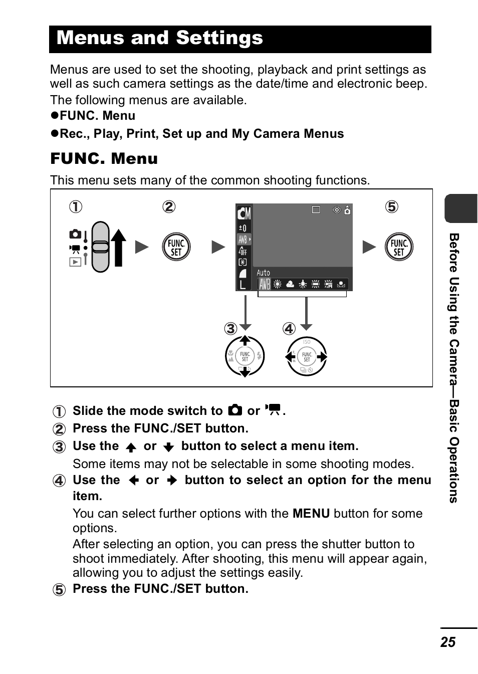Menus and settings, P. 25), Func. menu | Canon IXUS 60 User Manual | Page 27 / 131