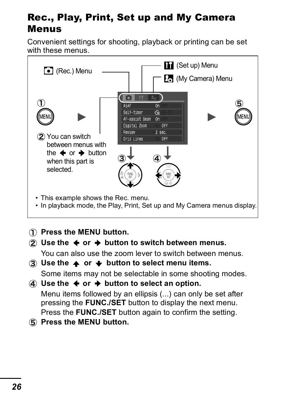 P. 26), Rec., play, print, set up and my camera menus | Canon IXUS 60 User Manual | Page 28 / 131