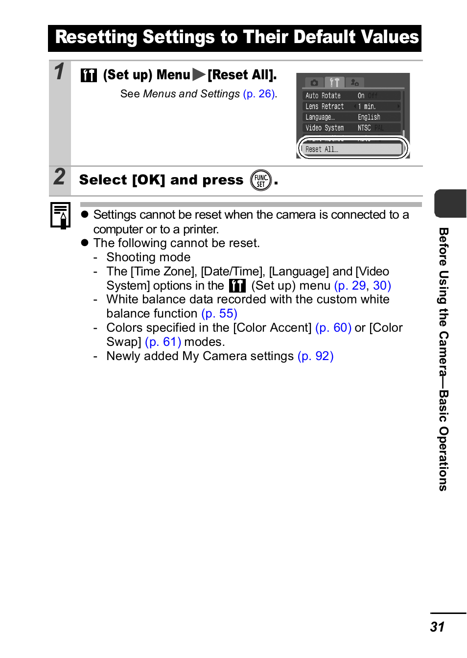 Resetting settings to their default values | Canon IXUS 60 User Manual | Page 33 / 131