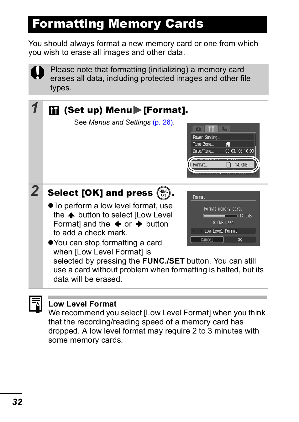 Formatting memory cards, P. 32 | Canon IXUS 60 User Manual | Page 34 / 131