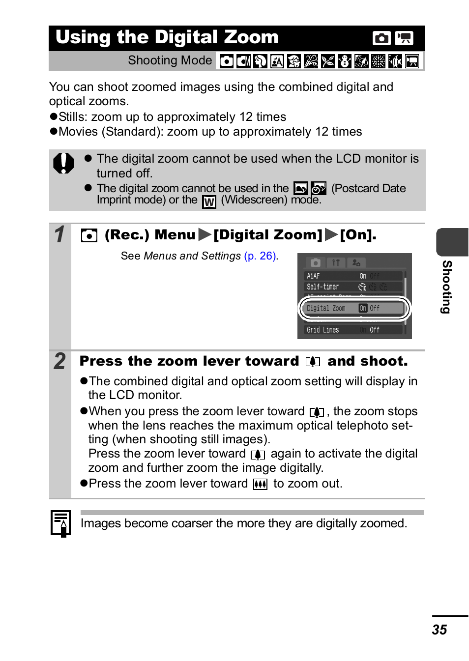 Using the digital zoom, P. 35), P. 35 | Canon IXUS 60 User Manual | Page 37 / 131