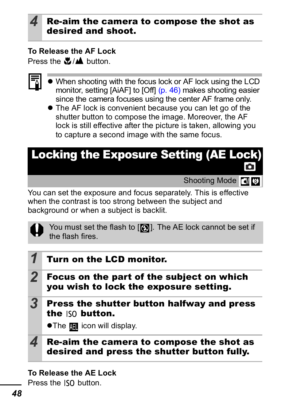 Locking the exposure setting (ae lock), P. 48) | Canon IXUS 60 User Manual | Page 50 / 131