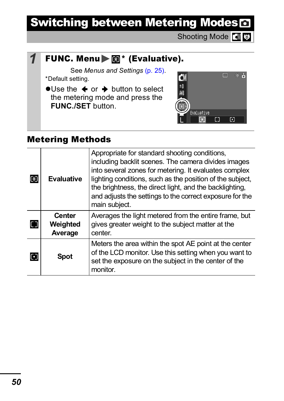Switching between metering modes, P. 50), P. 50 | Canon IXUS 60 User Manual | Page 52 / 131