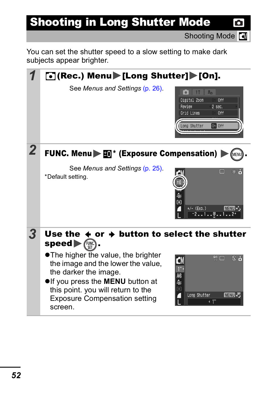 Shooting in long shutter mode, P. 52), P. 52 | Canon IXUS 60 User Manual | Page 54 / 131