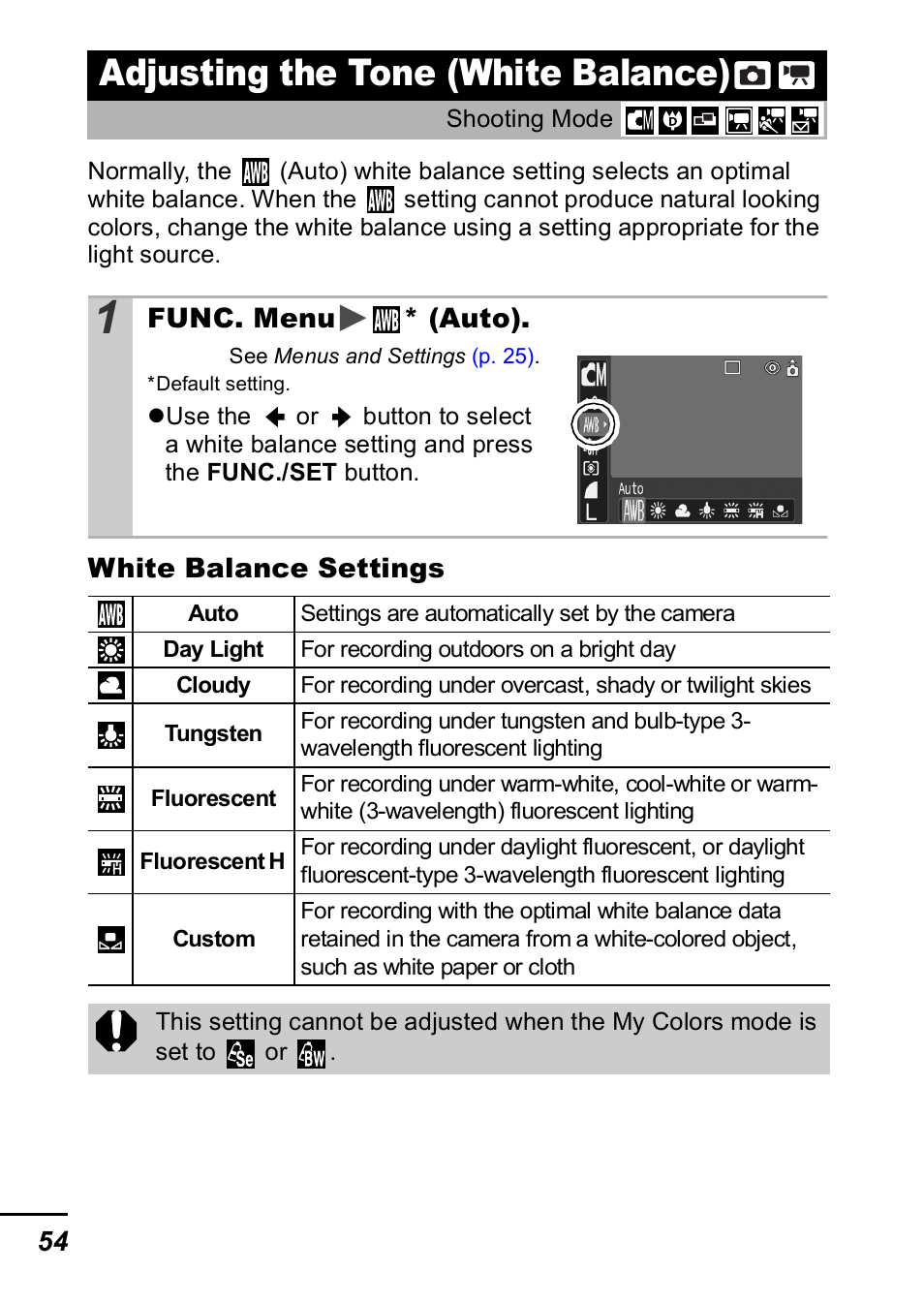 Adjusting the tone (white balance), P. 54), P. 54 | Canon IXUS 60 User Manual | Page 56 / 131