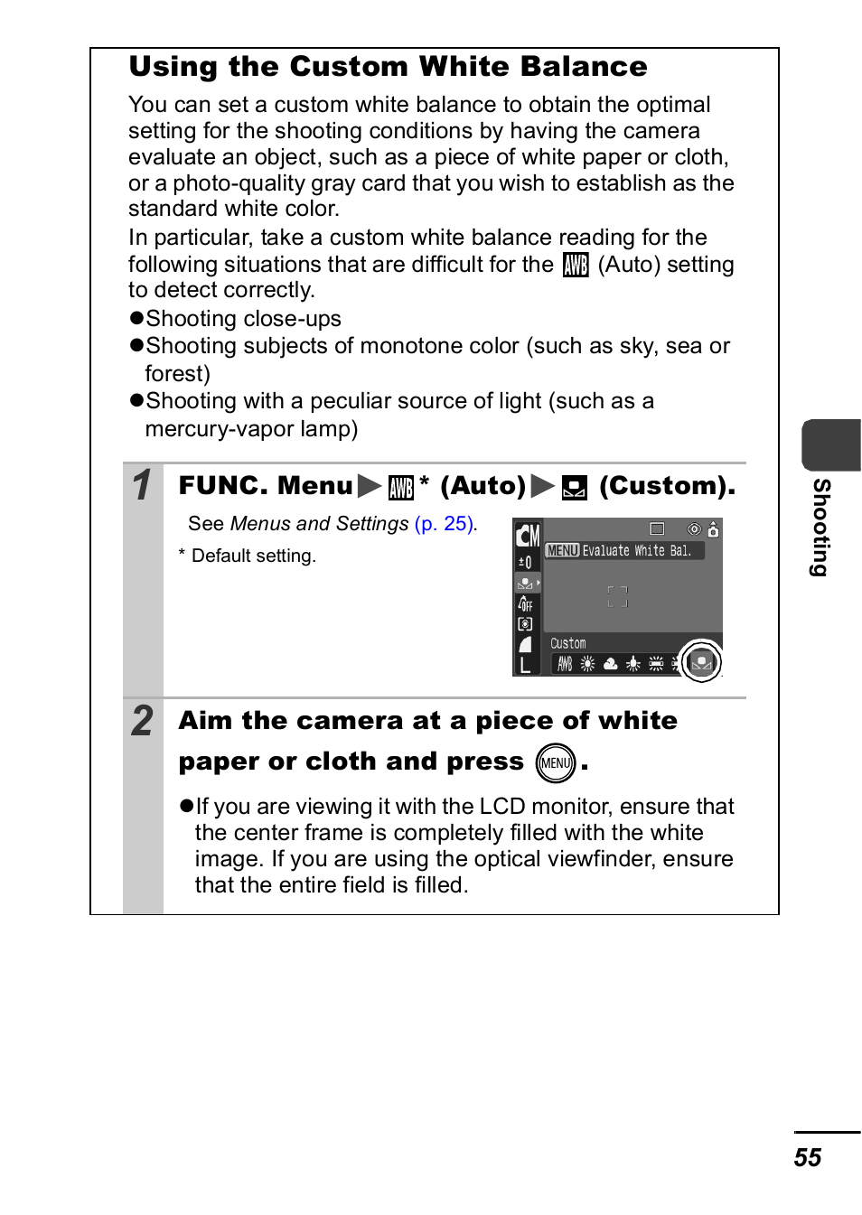 P. 55), Using the custom white balance | Canon IXUS 60 User Manual | Page 57 / 131