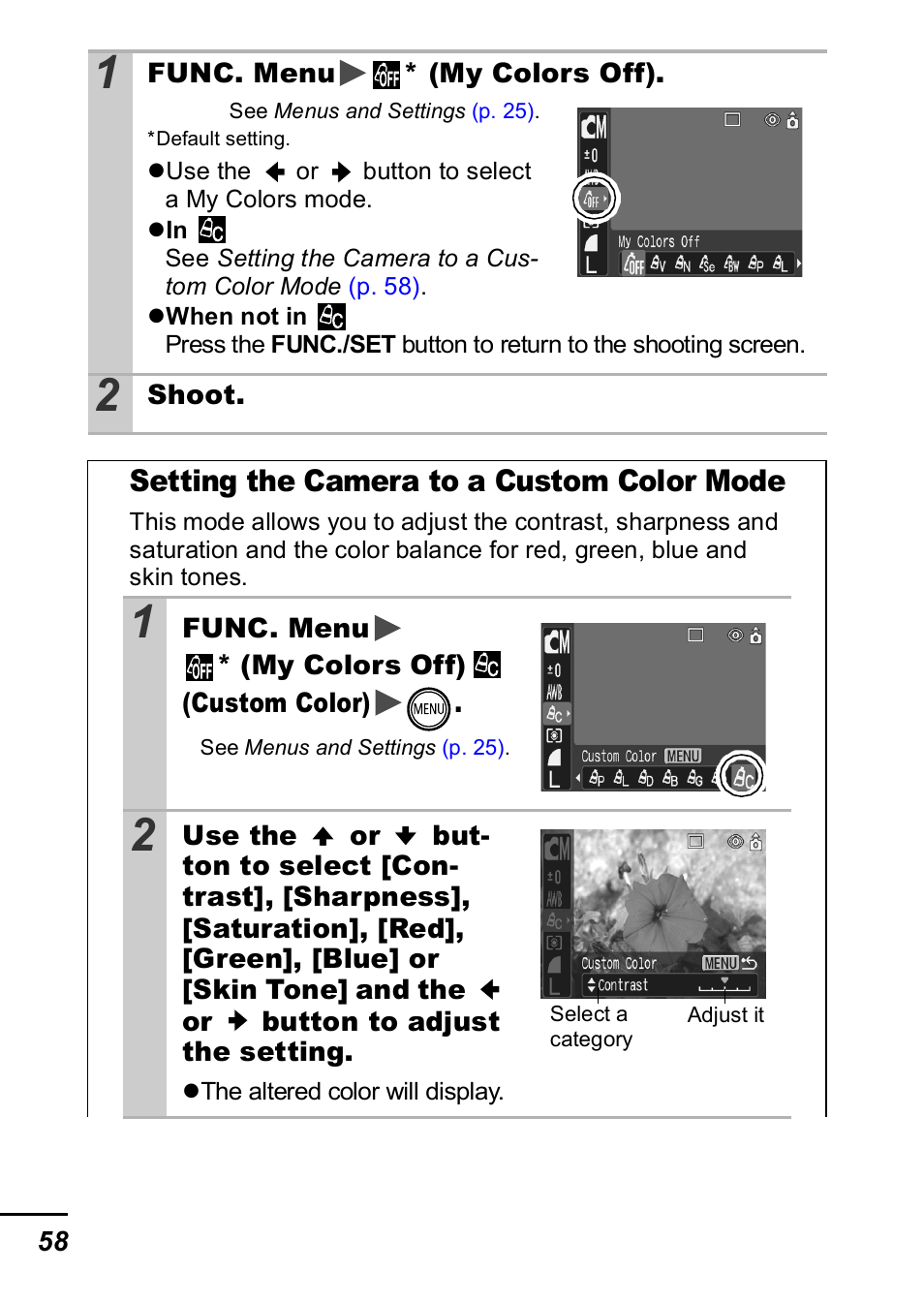 Setting the camera to a custom color mode | Canon IXUS 60 User Manual | Page 60 / 131