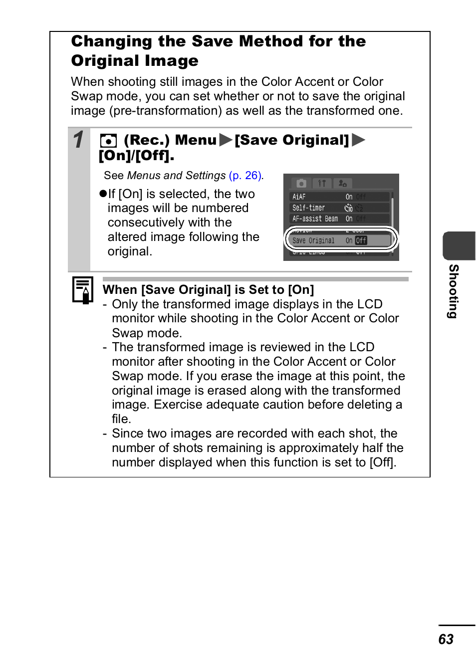 P. 63, Changing the save method for the original image | Canon IXUS 60 User Manual | Page 65 / 131