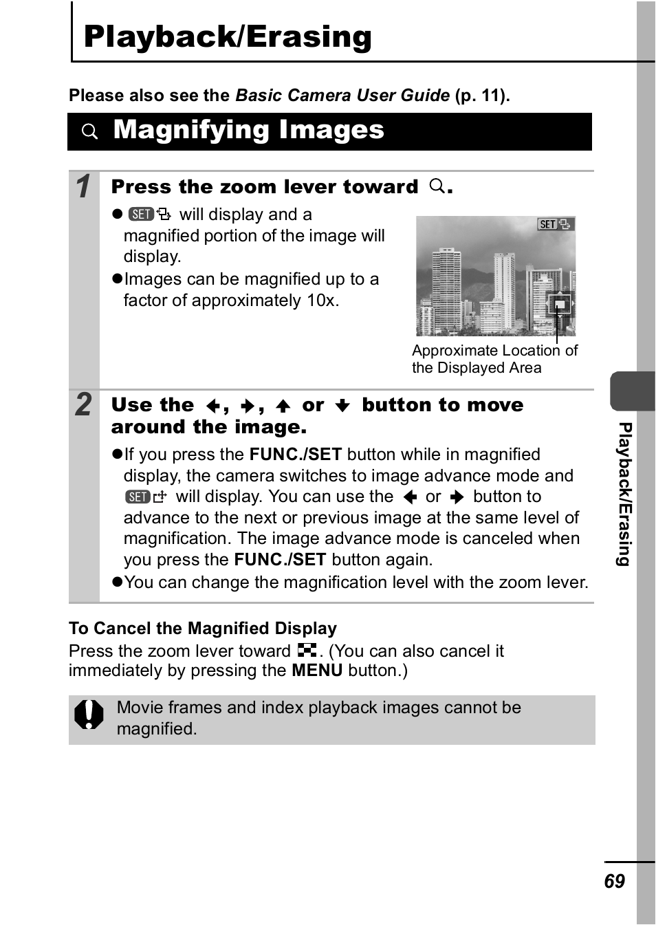 Playback/erasing, Magnifying images, P. 69 | Canon IXUS 60 User Manual | Page 71 / 131