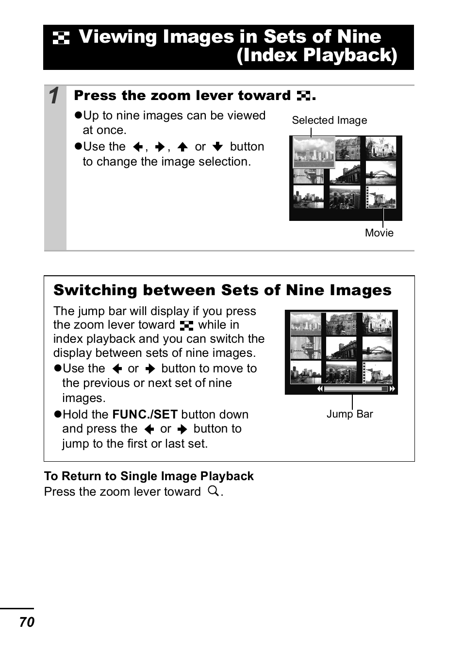 Viewing images in sets of nine (index playback), Switching between sets of nine images | Canon IXUS 60 User Manual | Page 72 / 131