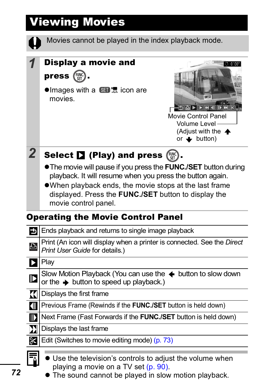 Viewing movies, P. 72) | Canon IXUS 60 User Manual | Page 74 / 131
