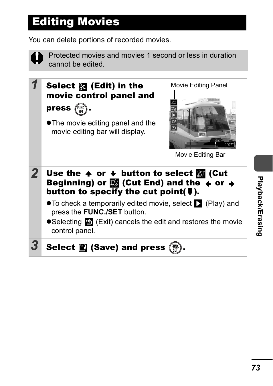 Editing movies, P. 73) | Canon IXUS 60 User Manual | Page 75 / 131