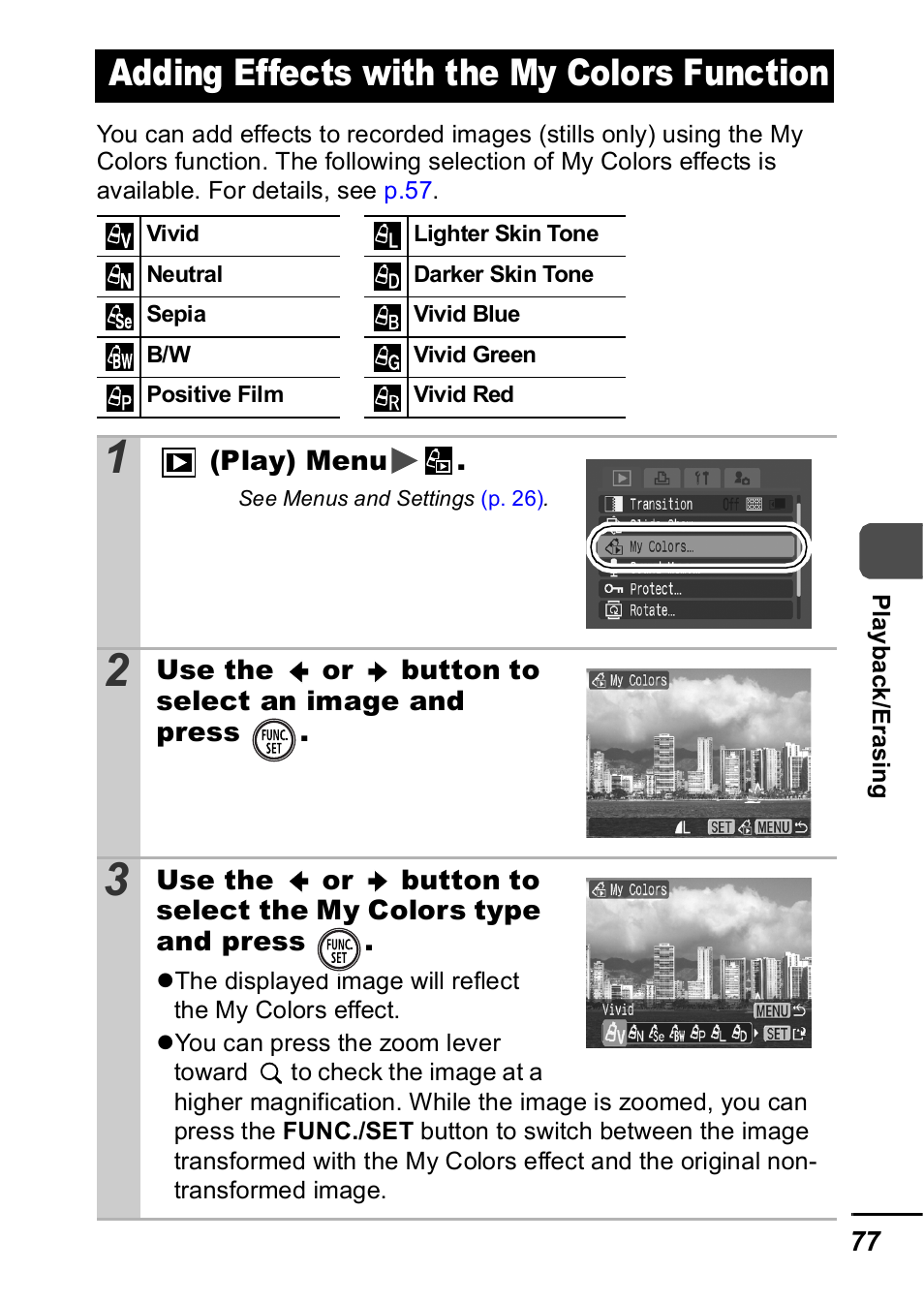 Adding effects with the my colors function, P. 77), P. 77 | Canon IXUS 60 User Manual | Page 79 / 131