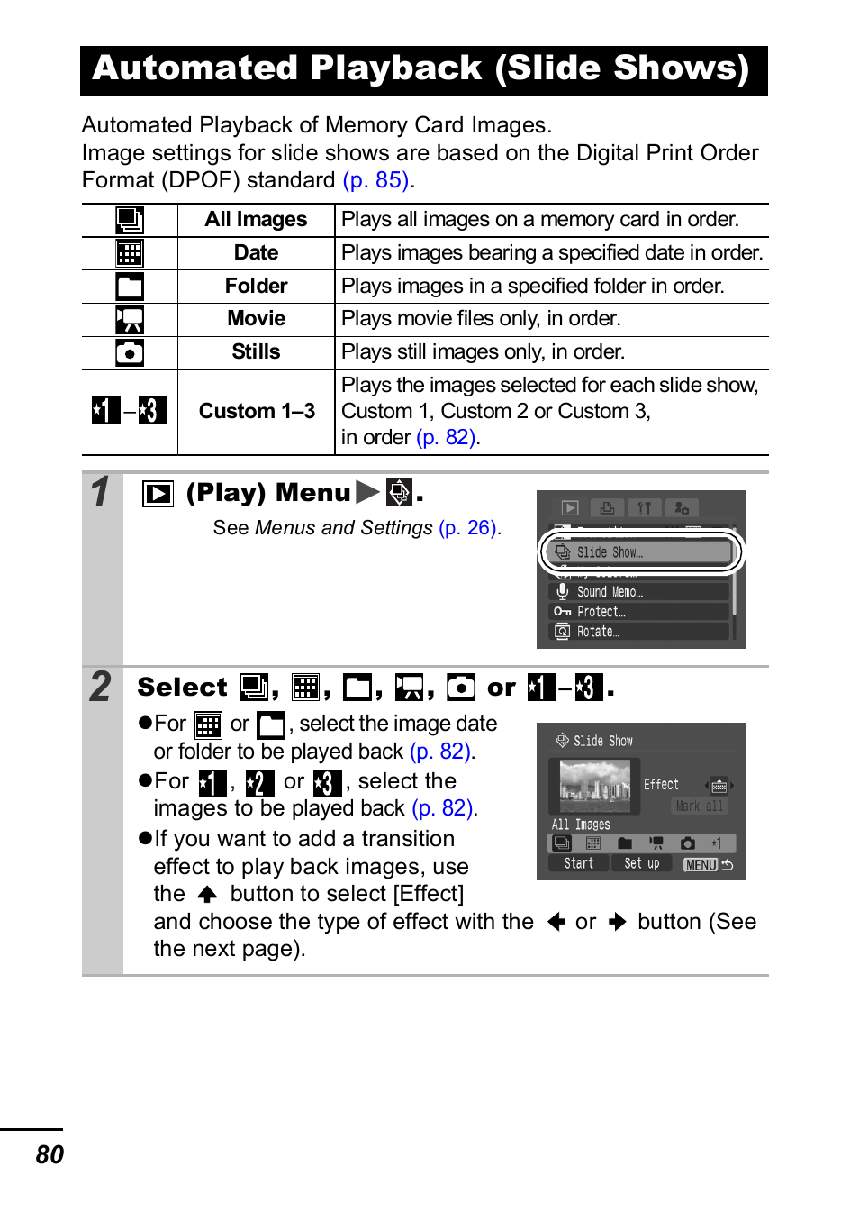 Automated playback (slide shows), P. 80 | Canon IXUS 60 User Manual | Page 82 / 131